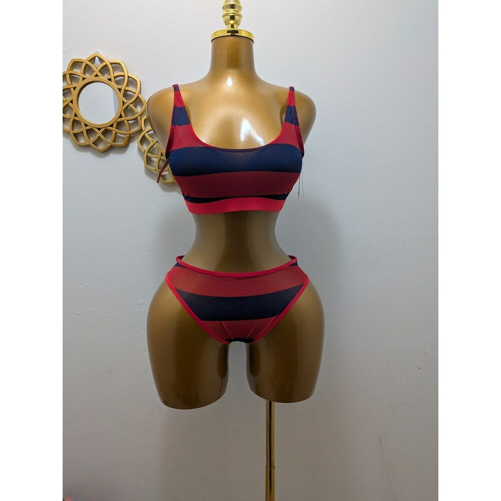 Parade Silky Mesh Scoop Bralette & Cheeky Underwear Set - Red/Blue Stripe L